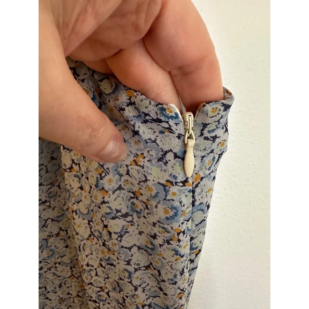 LoveShackFancy Silk‎ Midi Dress Size 4 Blue Floral Ruffle High-Low Romantic Boho